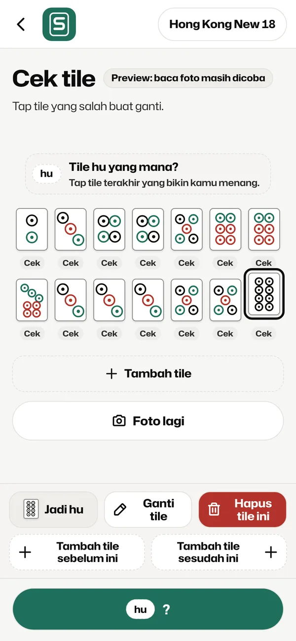 Pilihan koreksi tile: jadi hu, ganti, hapus, tambah